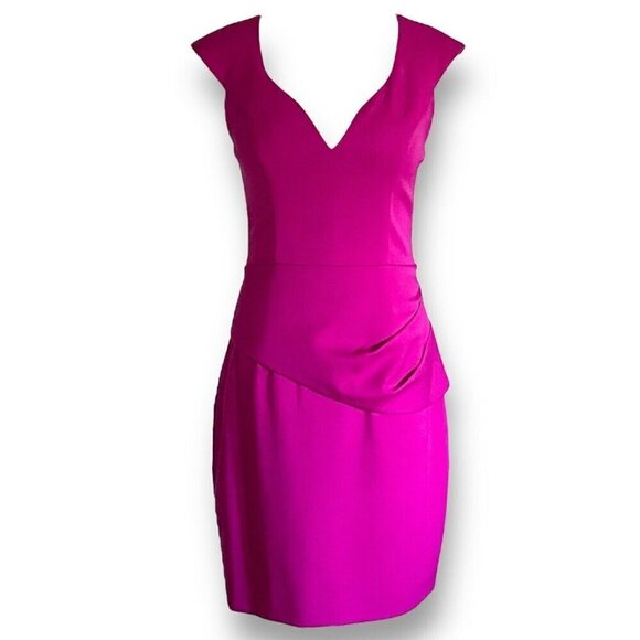 Black Halo Womens Dame Mini Dress Sz 4 Magenta Pink Peplum V-neck Cocktail - Picture 1 of 9